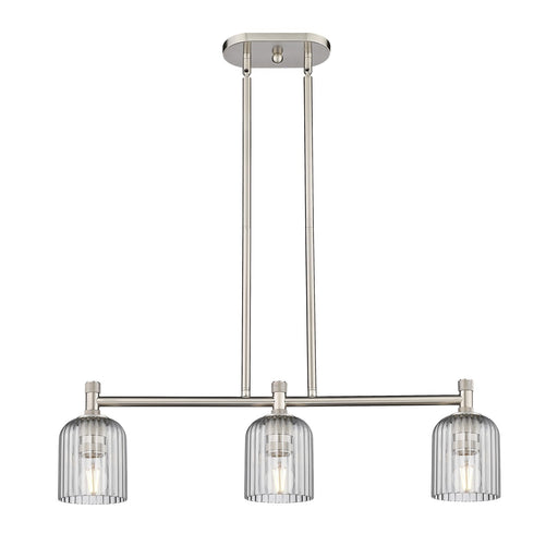 Innovations Crown Point 32in 3-Light Island Light | Industrial Satin Nickel and Light Smoke Glass | Kitchen Island | Model 434-3I-SN-G559-5SM