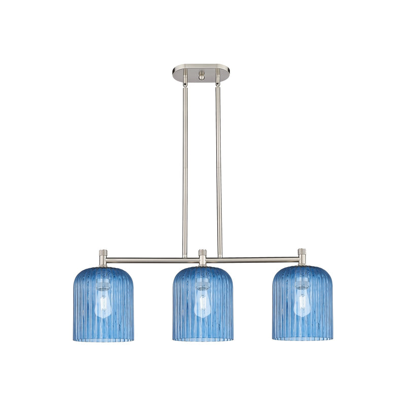 Innovations Crown Point 35in 3-Light Island Light | Industrial Satin Nickel and Princess Blue Glass | Kitchen Island | Model 434-3I-SN-G559-8BL