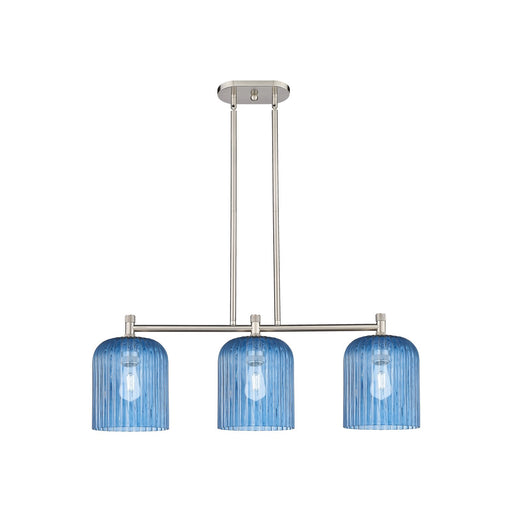 Innovations Crown Point 35in 3-Light Island Light | Industrial Satin Nickel and Princess Blue Glass | Kitchen Island | Model 434-3I-SN-G559-8BL