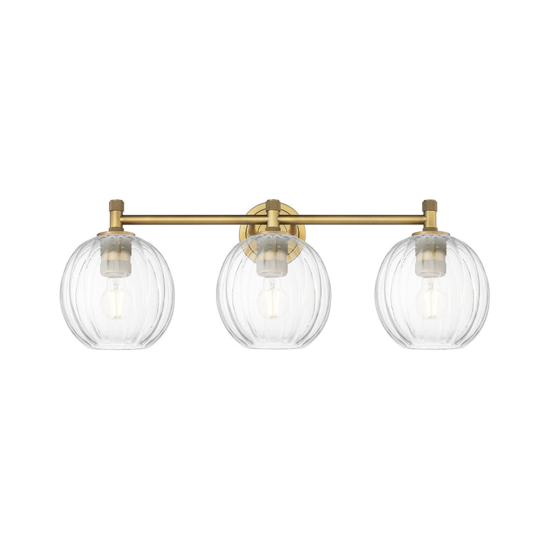 Innovations Preston Globe 25in 3-Light Bath Vanity | Industrial Brushed Brass and Clear Glass | Bathroom Vanity Light | Model 434-3W-BB-G458-7CL