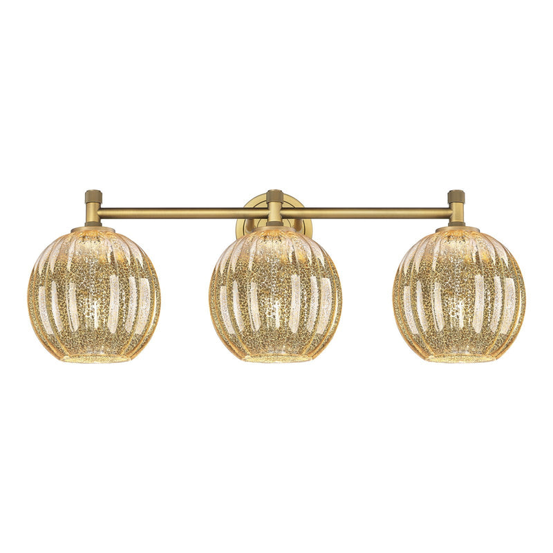 Innovations Preston Globe 25in 3-Light Bath Vanity | Industrial Brushed Brass and Mercury Glass | Bathroom Vanity Light | Model 434-3W-BB-G458-7ME