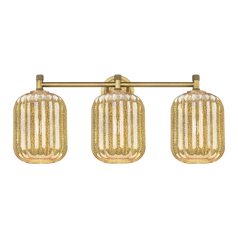Innovations Preston Cylinder 25in 3-Light Bath Vanity | Industrial Brushed Brass and Mercury Glass | Bathroom Vanity Light | Model 434-3W-BB-G460-7ME