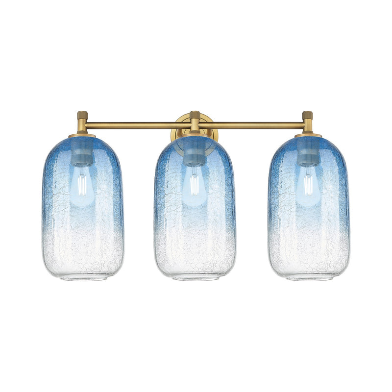 Innovations Brookhaven Cloche 25in 3-Light Bath Vanity Light | Industrial Brushed Brass and Sapphire Blue Glass | Bathroom | Model 434-3W-BB-G482-7SB