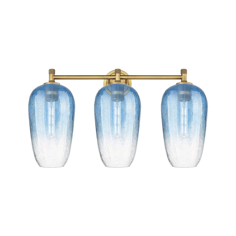 Innovations Brookhaven Flute 25in 3-Light Bath Vanity | Industrial Brushed Brass and Sapphire Blue Glass | Bathroom | Model 434-3W-BB-G484-7SB