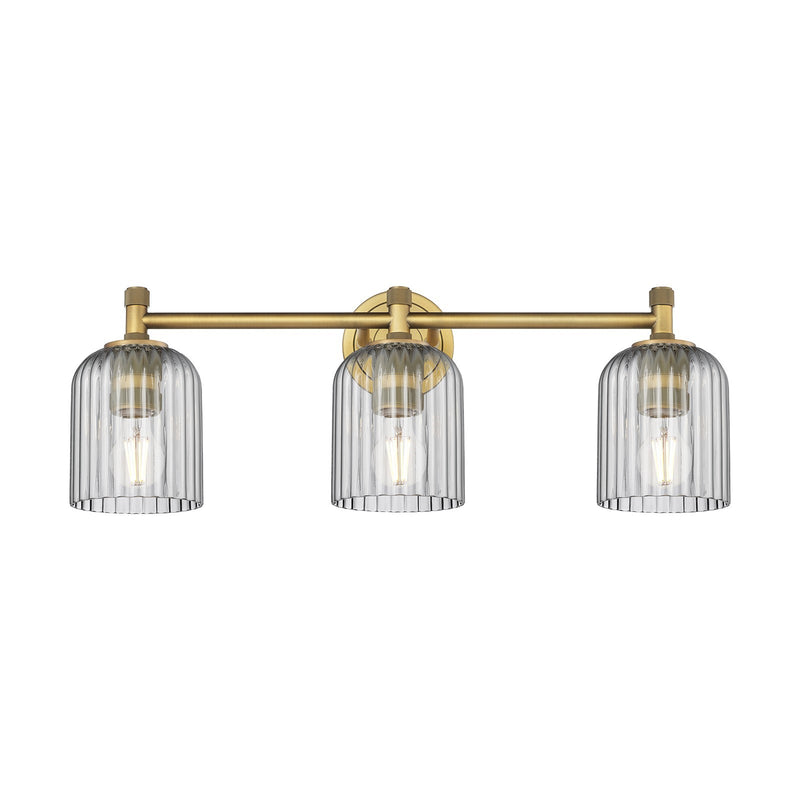 Innovations Crown Point 23in 3-Light Bath Vanity | Industrial Brushed Brass and Light Smoke Glass | Bathroom & Powder Room | Model 434-3W-BB-G559-5SM