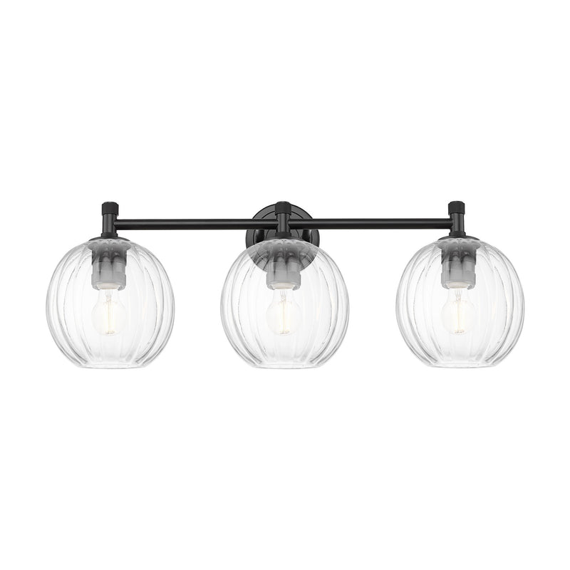 Innovations Preston Globe 25in 3-Light Bath Vanity | Industrial Matte Black and Clear Glass | Bathroom & Powder Room | Model 434-3W-BK-G458-7CL