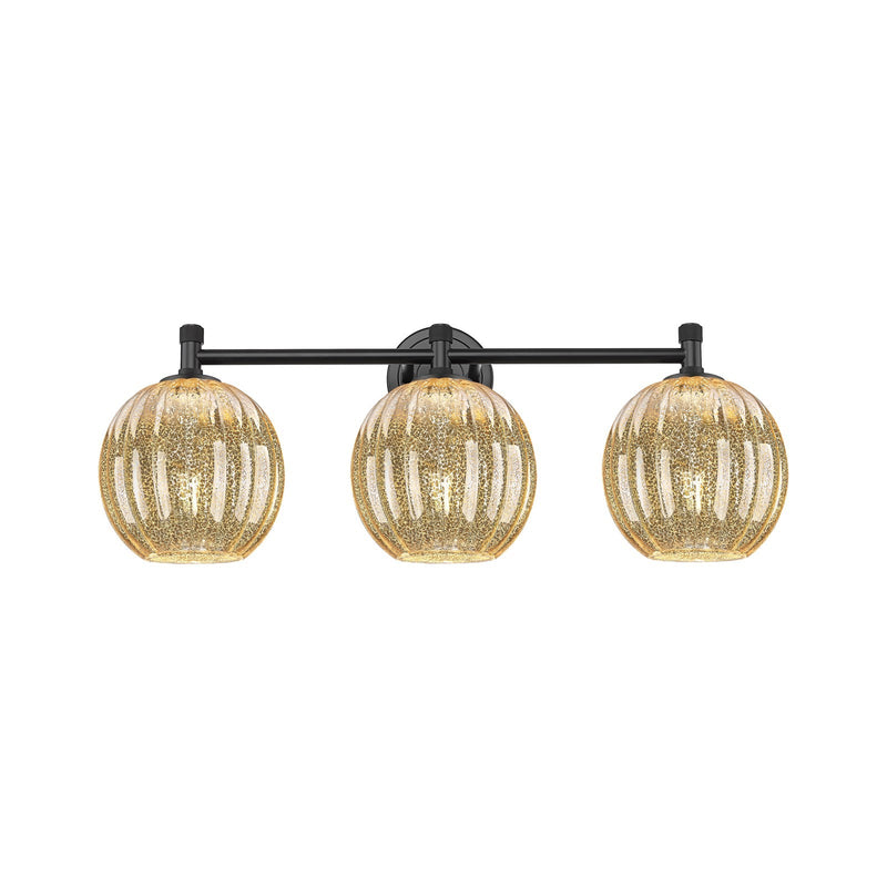 Innovations Preston Globe 25in 3-Light Bath Vanity | Industrial Matte Black and Mercury Glass | Bathroom & Powder Room | Model 434-3W-BK-G458-7ME