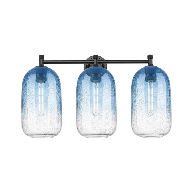 Innovations Brookhaven Cloche 25in 3-Light Bath Vanity | Industrial Matte Black and Sapphire Blue Glass | Bathroom | Model 434-3W-BK-G482-7SB