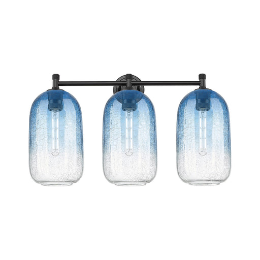 Innovations Brookhaven Cloche 25in 3-Light Bath Vanity | Industrial Matte Black and Sapphire Blue Glass | Bathroom | Model 434-3W-BK-G482-7SB