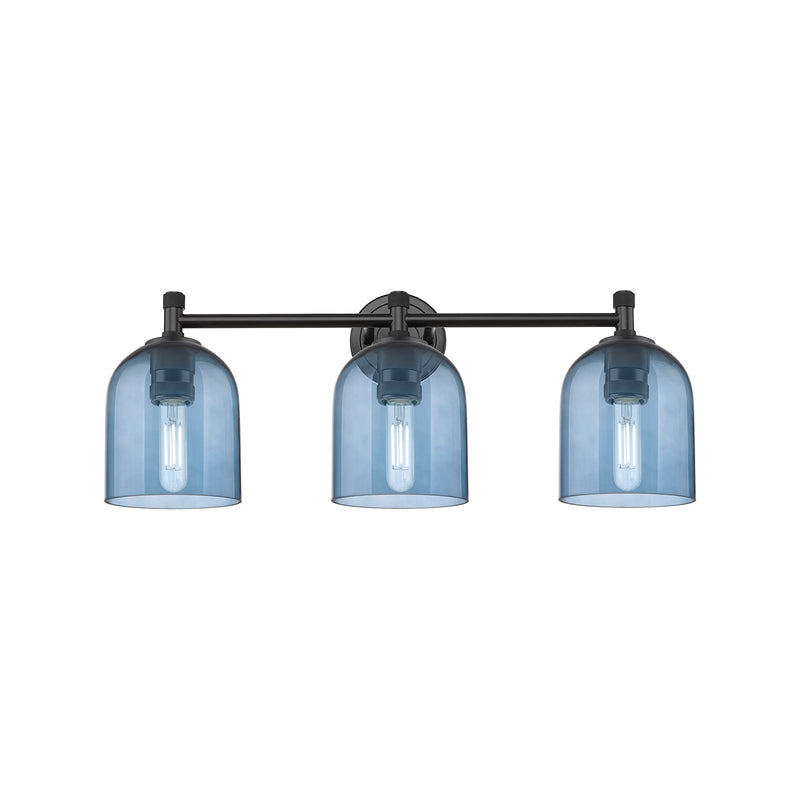 Innovations Bella 23in 3-Light Bath Vanity | Industrial Matte Black and Blue Glass | Bathroom & Powder Room | Model 434-3W-BK-G558-6BL
