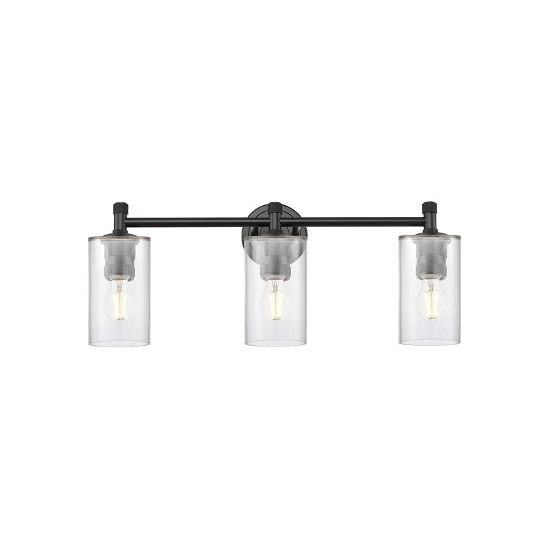 Innovations Clymer 22in 3-Light Bath Vanity | Industrial Matte Black and Clear Glass | Bathroom & Powder Room | 21.62 x 9.38 in | Model 434-3W-BK-G802