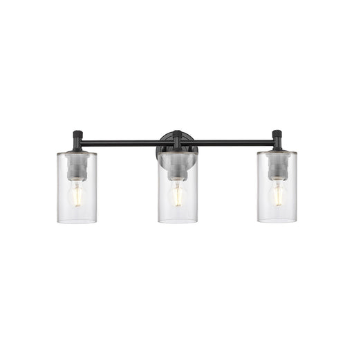 Innovations Clymer 22in 3-Light Bath Vanity | Industrial Matte Black and Clear Glass | Bathroom & Powder Room | 21.62 x 9.38 in | Model 434-3W-BK-G802