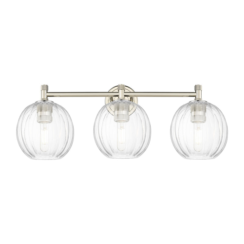 Innovations Preston Globe 25in 3-Light Bath Vanity Light | Industrial Polished Nickel and Clear Glass | Bathroom Vanity | Model 434-3W-PN-G458-7CL