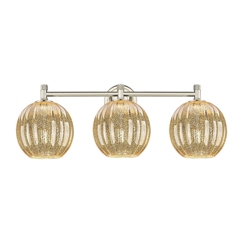 Innovations Preston Globe 25in 3-Light Bath Vanity Light | Industrial Polished Nickel and Mercury Glass | Bathroom Vanity | Model 434-3W-PN-G458-7ME