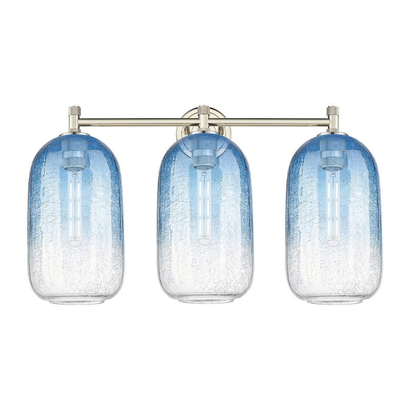 Innovations Brookhaven Cloche 25in 3-Light Bath Vanity Light | Industrial Polished Nickel and Sapphire Blue Glass | Model 434-3W-PN-G482-7SB
