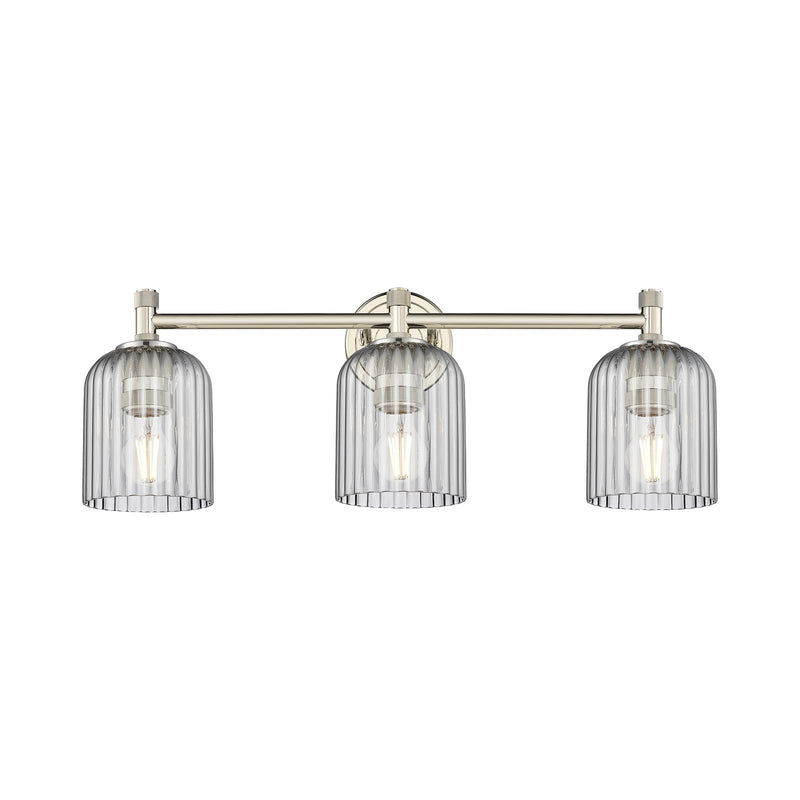 Innovations Crown Point 23in 3-Light Bath Vanity Light | Industrial Polished Nickel and Light Smoke Glass | Bathroom | Model 434-3W-PN-G559-5SM