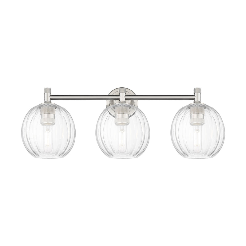 Innovations Preston Globe 25in 3-Light Bath Vanity Light | Industrial Satin Nickel and Clear Glass | Bathroom Vanity | Model 434-3W-SN-G458-7CL