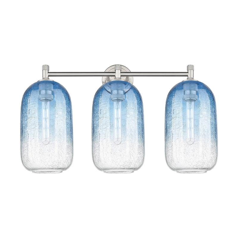 Innovations Brookhaven Cloche 25in 3-Light Bath Vanity | Industrial Satin Nickel and Sapphire Blue Glass | Bathroom Vanity | Model 434-3W-SN-G482-7SB