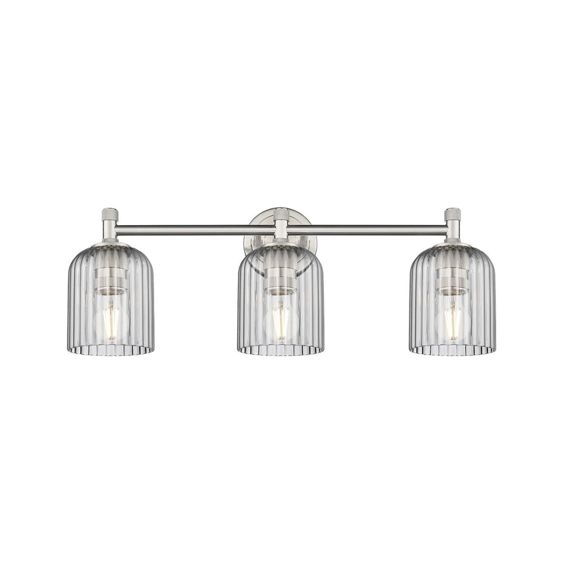 Innovations Crown Point 22.75in 3-Light Bath Vanity | Industrial Satin Nickel and Light Smoke Glass | Bathroom & Powder | Model 434-3W-SN-G559-5SM