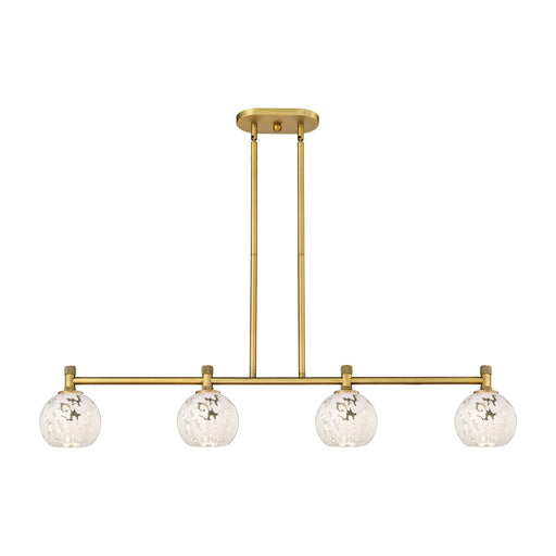 Innovations White Mouchette 46in 4-Light Island | Industrial Brushed Brass and White Glass | Kitchen Island & Dining Room | Model 434-4I-BB-G1216-6WM