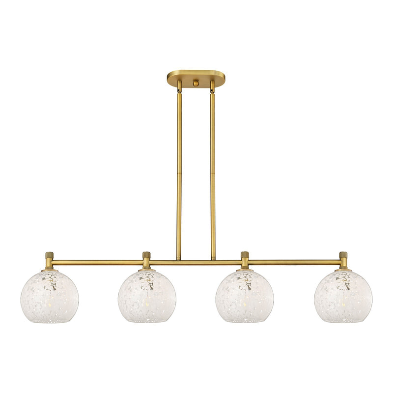 Innovations White Mouchette 48in 4-Light Island Light | Industrial Brushed Brass and White Mouchette Glass | Kitchen | Model 434-4I-BB-G1216-8WM