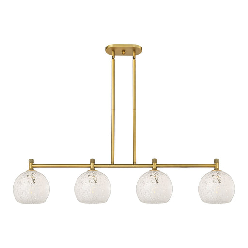 Innovations White Mouchette 48in 4-Light Island Light | Industrial Brushed Brass and White Mouchette Glass | Kitchen | Model 434-4I-BB-G1216-8WM