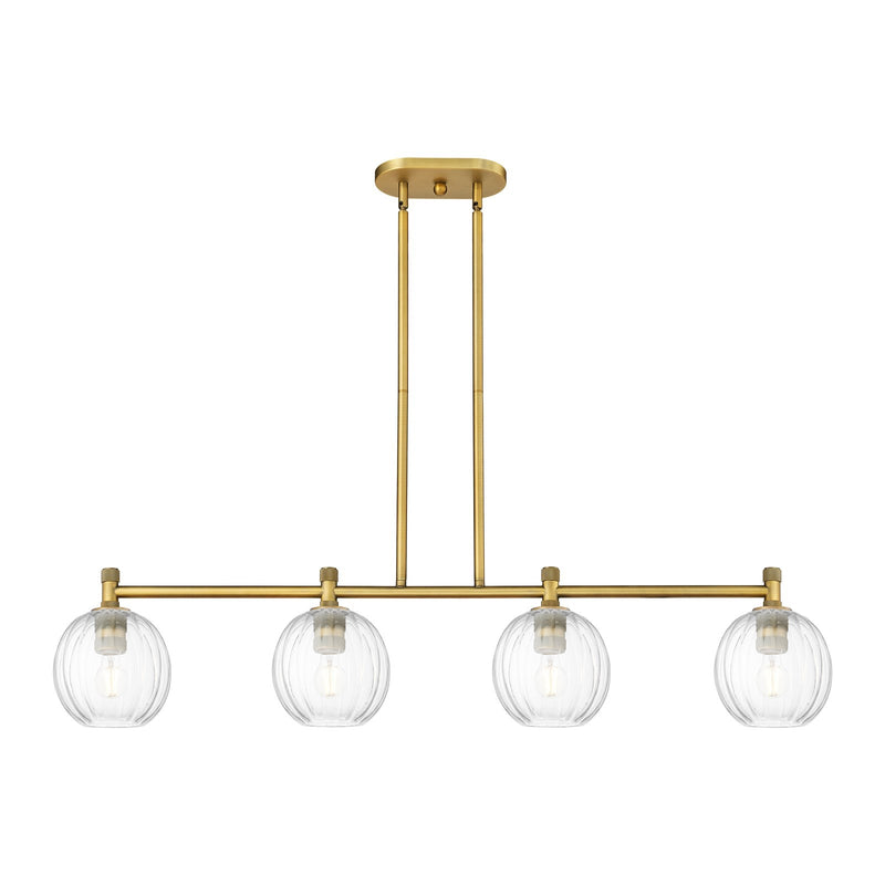 Innovations Preston Globe 47in 4-Light Island | Industrial Brushed Brass and Clear Glass | Kitchen Island & Dining Room | Model 434-4I-BB-G458-7CL