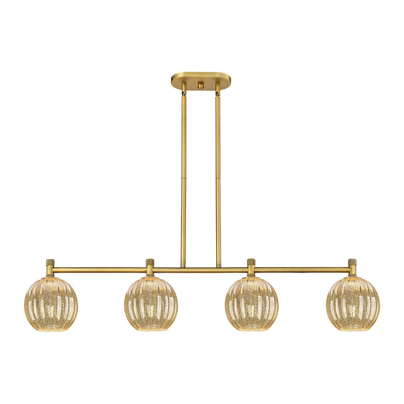 Innovations Preston Globe 47in 4-Light Island | Industrial Brushed Brass and Mercury Glass | Kitchen Island & Dining Room | Model 434-4I-BB-G458-7ME