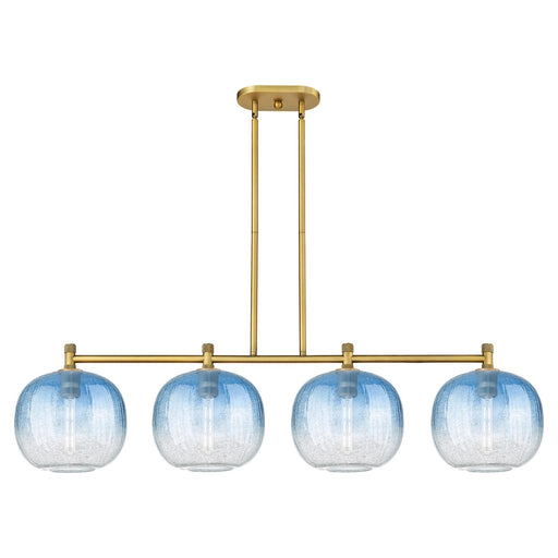 Innovations Brookhaven Sphere 51in 4-Light Island Light | Industrial Brushed Brass and Sapphire Blue Glass | Kitchen | Model 434-4I-BB-G481-10SB