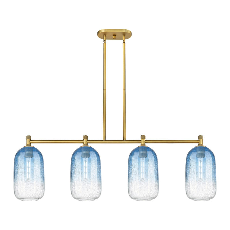 Innovations Brookhaven Cloche 47in 4-Light Island Light | Industrial Brushed Brass and Sapphire Blue Glass | Kitchen | Model 434-4I-BB-G482-7SB
