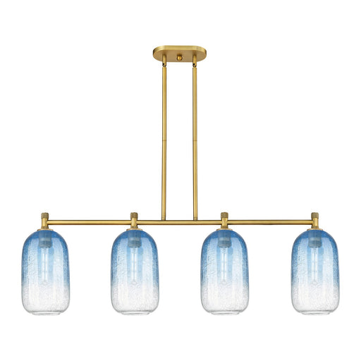 Innovations Brookhaven Cloche 47in 4-Light Island Light | Industrial Brushed Brass and Sapphire Blue Glass | Kitchen | Model 434-4I-BB-G482-7SB