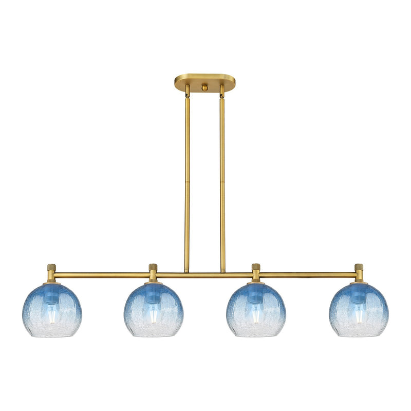 Innovations Brookhaven Globe 48in 4-Light Island Light | Industrial Brushed Brass and Sapphire Blue Glass | Kitchen Island | Model 434-4I-BB-G483-8SB