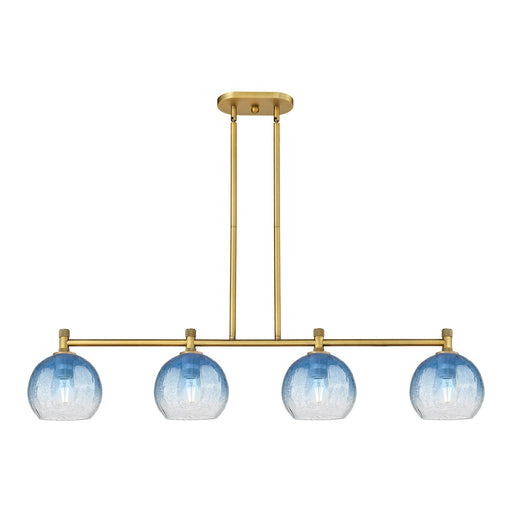 Innovations Brookhaven Globe 48in 4-Light Island Light | Industrial Brushed Brass and Sapphire Blue Glass | Kitchen Island | Model 434-4I-BB-G483-8SB