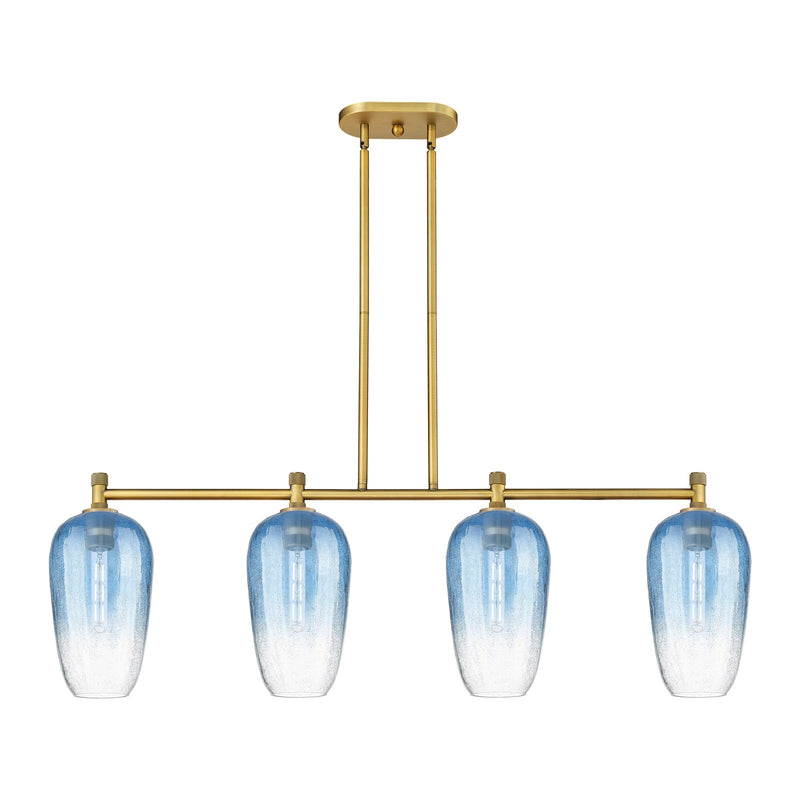 Innovations Brookhaven Flute 47in 4-Light Island | Industrial Brushed Brass and Sapphire Blue Glass | Kitchen Island | Model 434-4I-BB-G484-7SB