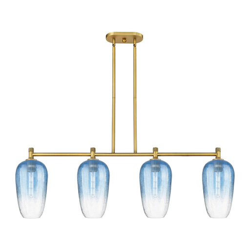 Innovations Brookhaven Flute 47in 4-Light Island | Industrial Brushed Brass and Sapphire Blue Glass | Kitchen Island | Model 434-4I-BB-G484-7SB