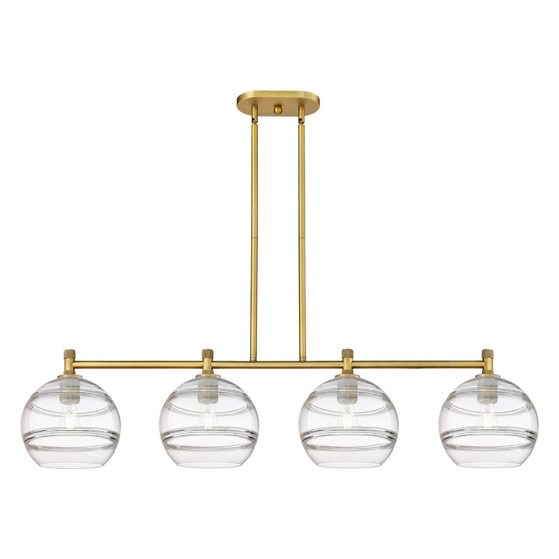 Innovations Rochester 50in 4-Light Island | Industrial Brushed Brass and Clear Glass | Kitchen Island & Dining Room | Model 434-4I-BB-G556-10CL