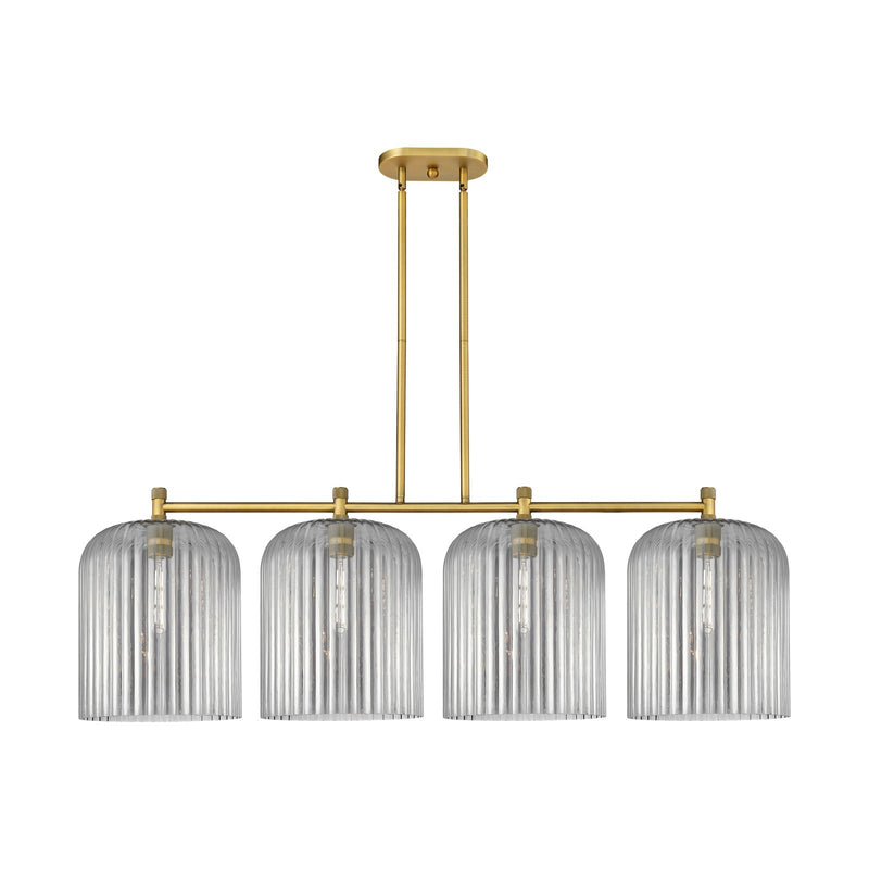 Innovations Crown Point 52in 4-Light Island | Industrial Brushed Brass and Light Smoke Glass | Kitchen Island & Dining | Model 434-4I-BB-G559-12SM