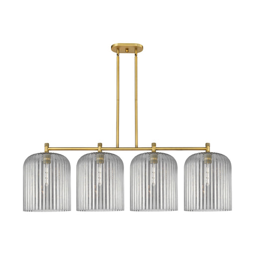 Innovations Crown Point 52in 4-Light Island | Industrial Brushed Brass and Light Smoke Glass | Kitchen Island & Dining | Model 434-4I-BB-G559-12SM