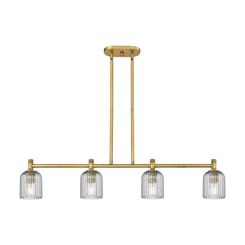Innovations Crown Point 45in 4-Light Island Light | Industrial Brushed Brass and Light Smoke Glass | Kitchen Island | Model 434-4I-BB-G559-5SM