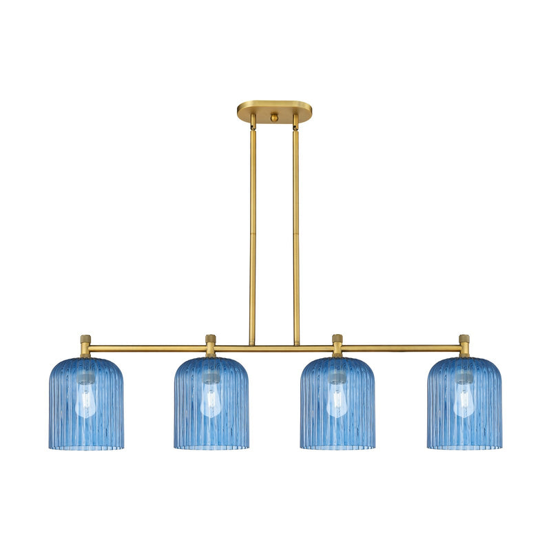 Innovations Crown Point 48in 4-Light Island Light | Industrial Brushed Brass and Princess Blue Glass | Kitchen Island | Model 434-4I-BB-G559-8BL