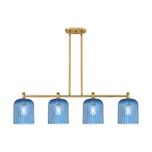 Innovations Crown Point 48in 4-Light Island Light | Industrial Brushed Brass and Princess Blue Glass | Kitchen Island | Model 434-4I-BB-G559-8BL