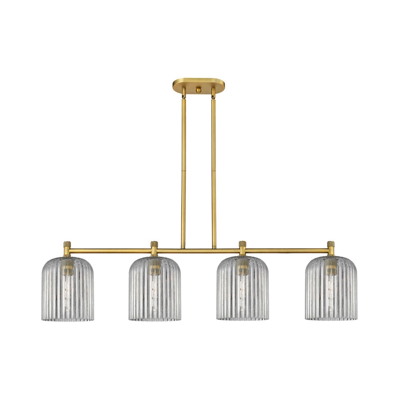 Innovations Crown Point 48in 4-Light Island Light | Industrial Brushed Brass and Light Smoke Glass | Kitchen Island | Model 434-4I-BB-G559-8SM