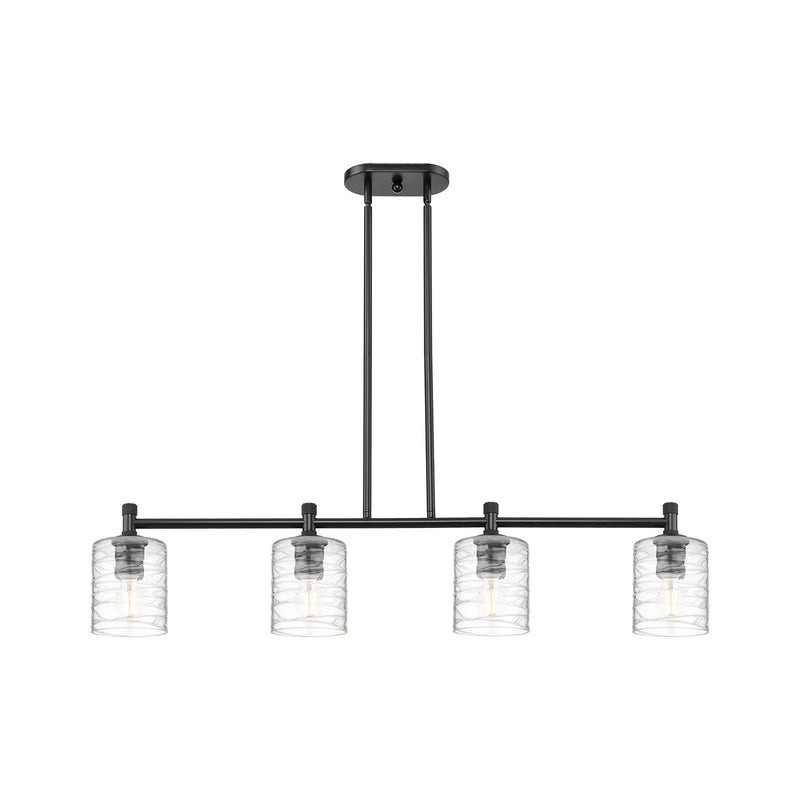 Innovations Cobbleskill 45in 4-Light Island | Industrial Matte Black and Deco Swirl Glass | Kitchen Island & Dining Room | Model 434-4I-BK-G1113