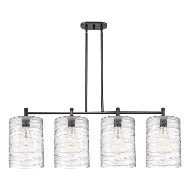Innovations Cobbleskill 49in 4-Light Island | Industrial Matte Black and Deco Swirl Glass | Kitchen Island & Dining Room | Model 434-4I-BK-G1113-L