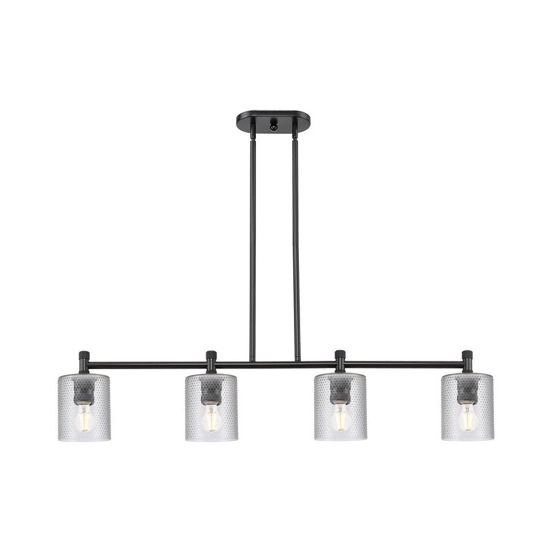 Innovations Cobbleskill 45in 4-Light Island | Industrial Matte Black and Clear Glass | Kitchen Island & Dining Room | Model 434-4I-BK-G112