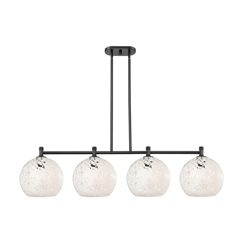Innovations White Mouchette 50in 4-Light Island Pendant | Industrial Matte Black and White Mouchette Glass | Kitchen | Model 434-4I-BK-G1216-10WM