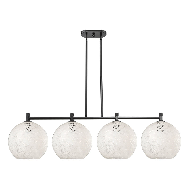 Innovations White Mouchette 52in 4-Light Island Pendant | Industrial Matte Black and White Mouchette Glass | Kitchen | Model 434-4I-BK-G1216-12WM