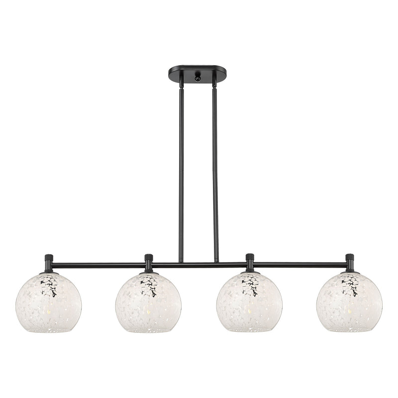 Innovations White Mouchette 48in 4-Light Island | Industrial Matte Black and White Mouchette Glass | Kitchen Island | Model 434-4I-BK-G1216-8WM