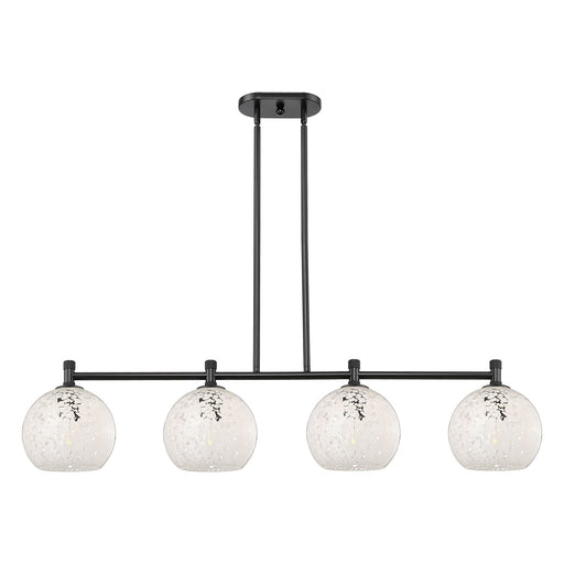 Innovations White Mouchette 48in 4-Light Island | Industrial Matte Black and White Mouchette Glass | Kitchen Island | Model 434-4I-BK-G1216-8WM