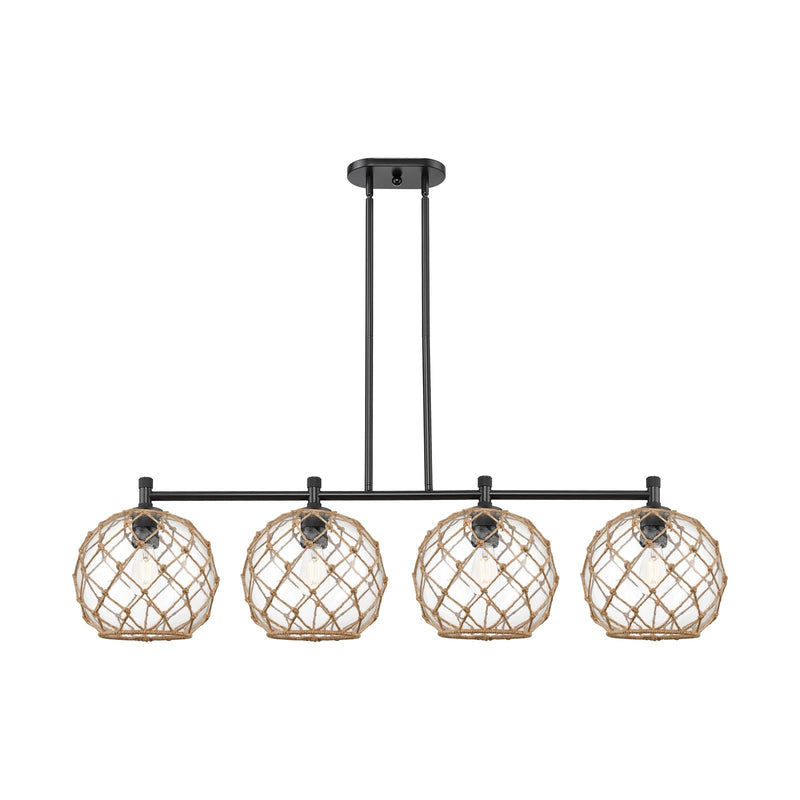 Innovations Farmhouse Rope 50in 4-Light Island | Industrial Matte Black and Clear Glass Brown Rope | Kitchen Island | Model 434-4I-BK-G122-10RB